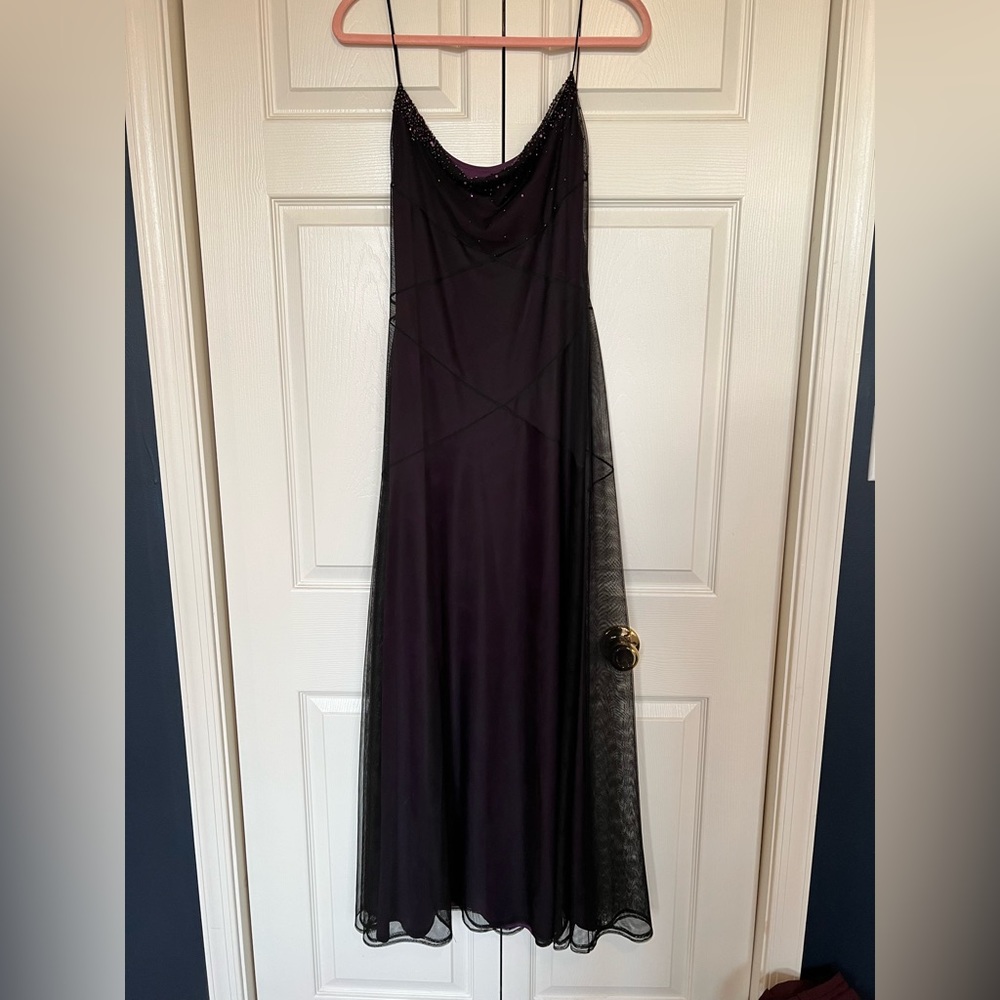Chinese Laundry Black and Deep Purple Maxi Dress with Beaded Cowl Neck